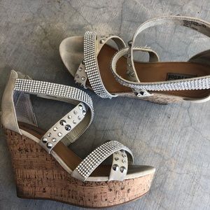 Cream, rhinestone-studded cork wedges